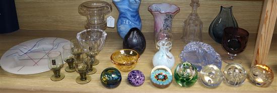 A collection of art glass and paperweights, some signed